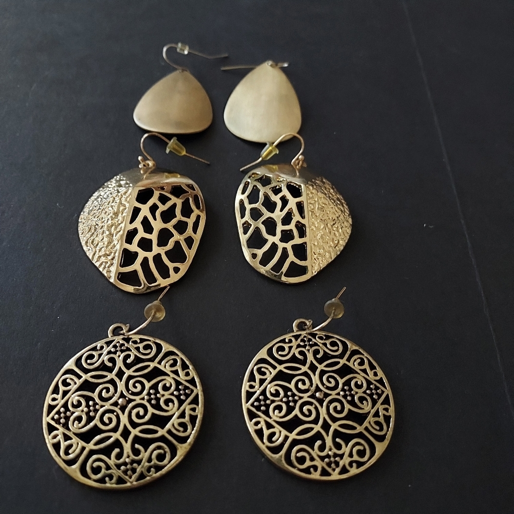 BUNDLE OF THREE GOLD TONE DANGLING EARRINGS 2" in LENGTH